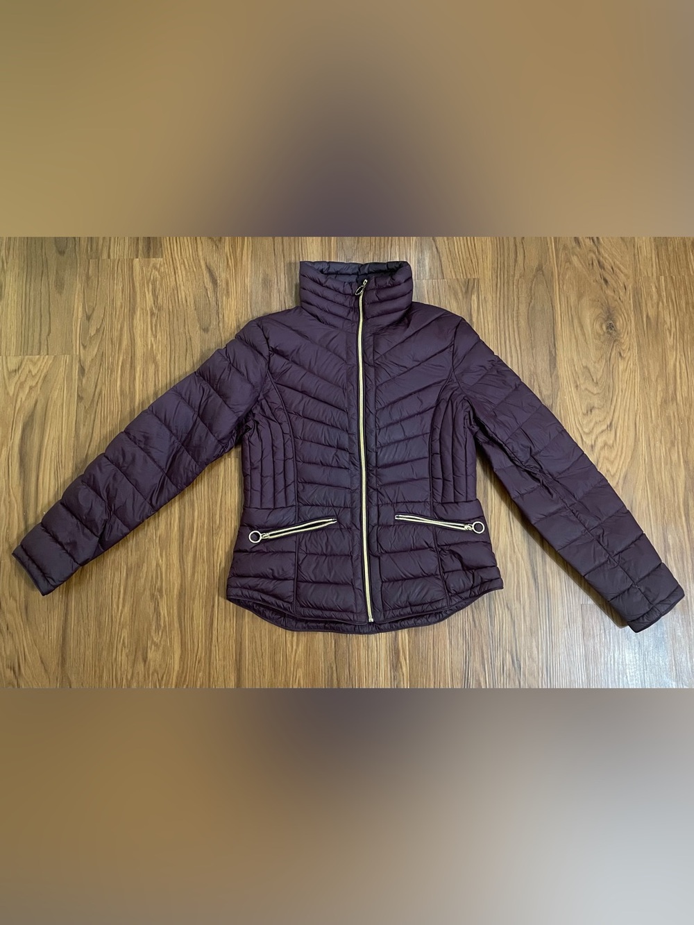 Michael Kors Quilted Puffer Jacket in Plum with Gold Hardware